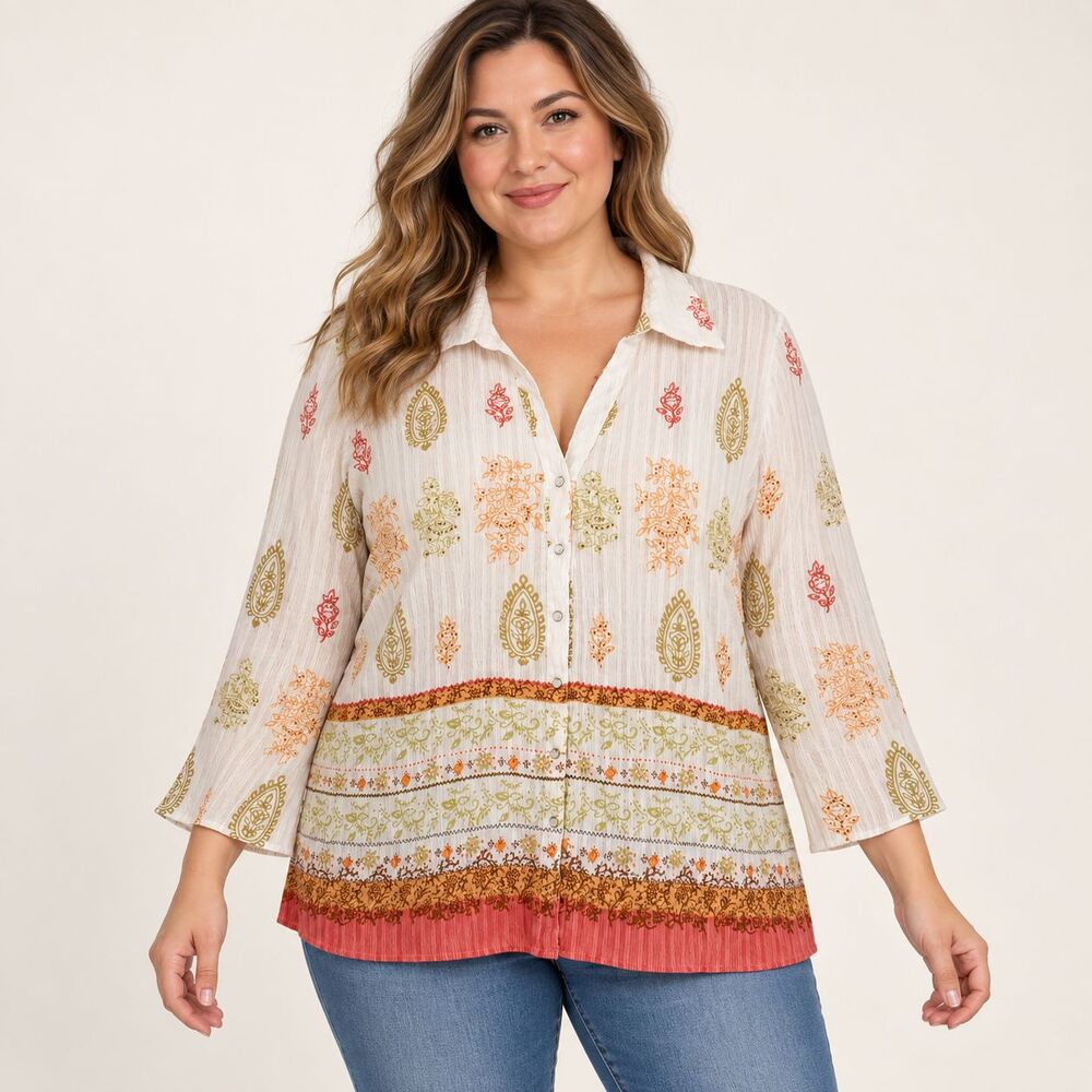 Faded Glory Blouse XL 16/18 Paisley Crinkle Stretch Snap Button V Neck Boho Y2K
